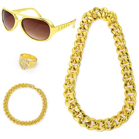 Yolev Hip Hop 80s 90s Costumes Outfits, Dollar Sign Necklace 90s Outfit for Men Fake Gold Chain 80s Accessories for Women Men Party Accessories Hippie Costume Set Funky Afro Wig Sunglasses Cover
