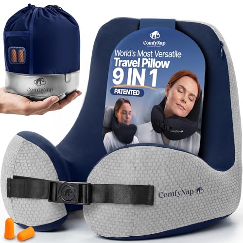 ComfyNap® Versatile Travel Neck Pillow for Airplane [Patented], 9 Positions in 3 Techniques, Plane Pillow with Pure Memory Foam, Travel Pillow with HeadRest Flight Sleep, Travel Essential - Earth