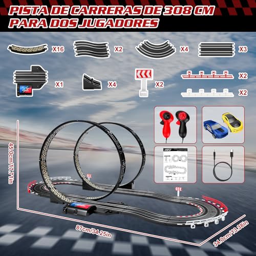 Miniatura 7 de Yoohberrys Pista De Coches Para Niños, 1:64 Pista De Carreras Electrica Con 2 Coches, Usb, Control Remoto, Contador Vueltas, Bucle 360 , Pista Autos Niños A Partir De 3 Años Juguete Regalos 308cm