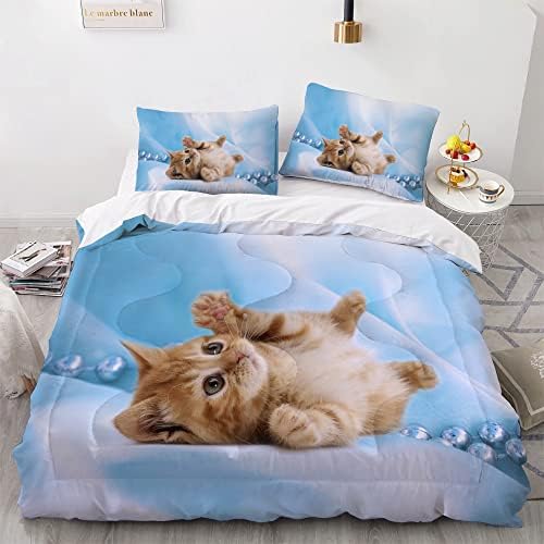 Yasida Cat Comforter Set Twin Size for Kids Blue Cat 3Pcs Bedding Set for Boys and Girls (1Comforter+ 2 Pillowcases) Lovely Animal Pets Duvet Set