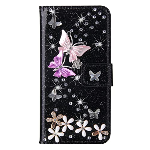 Losin Compatible with iPhone 15 Pro Max Wallet Case with Card Slots Luxury 3D Bling Glitter Diamond Rhinestones Butterfly Flowers Design for Women Girls Sparkle Shiny PU Leather Stand Kickstand Cover