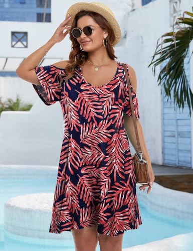 Image of JollieLovin Womens Plus Size Short Sleeve Cold Shoulder V Neck T-Shirt Dress with Pockets