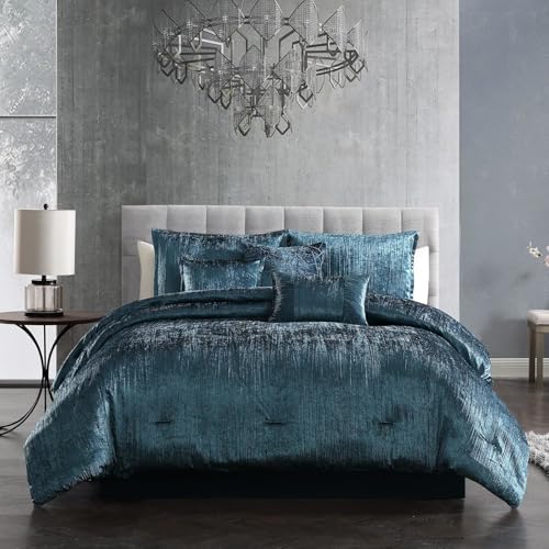 Riverbrook Home Turin Crinkle Velvet Comforter Bedding Set, King Size, Glam Textured Décor, Blue, 7 Pieces