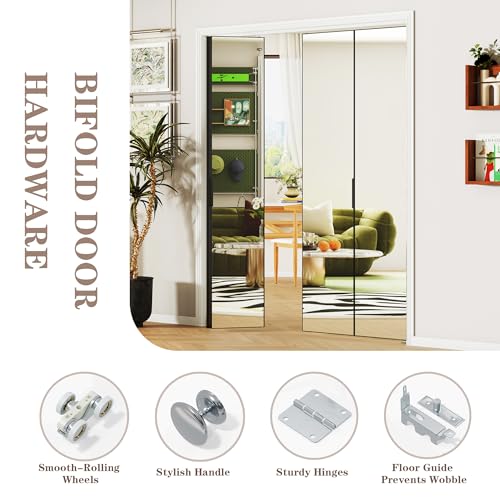 Image of Bifold Door for 60 inchx80 inch Opening, Preassembled Aluminum Alloy Mirrored Folding Door with Hardware Kit Included, Interior Bi fold Barn Door for Bedroom & Closet, Black