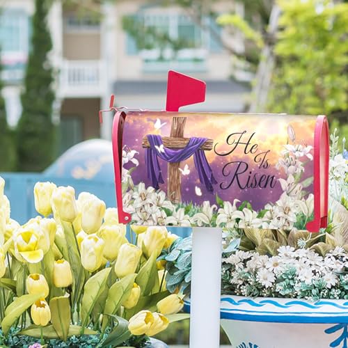 Image of Kawani Happy Easter Purple Mailbox Covers Magnetic Spring Lilies Floral Mailbox Cover Standard Size 18 X 21 Inch Easter He is Risen Wrap Post Letter Box Decorative for Outdoor Home Garden Yard
