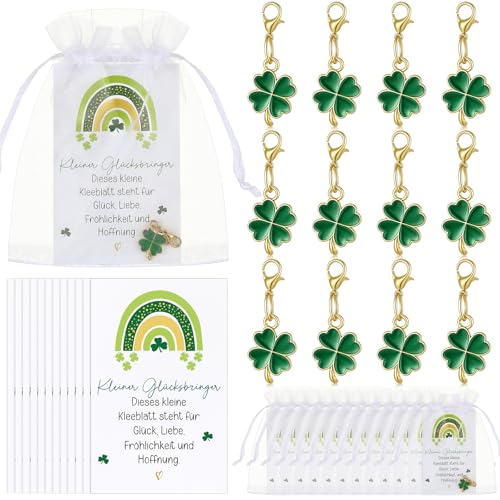 Otuuz 12 Sets Regalos para Exámenes Aprobados 12 Llaveros de Trébol de Suerte con 12 Tarjetas Felicitación y 12 Bolsas Organza para Despedida Estudiantes Colegas