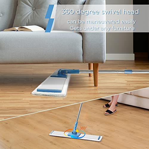 Cqt Commercial Flat Microfiber Floor Mop Cleaning System 24" Inch Wet Dry And Dust Hardwood With 4 Washable Pads Cleaner For Laminate Tile Stainless Steel Handle And Extension (Blue) #TOP1