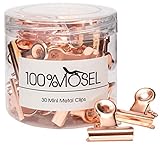 100%Mosel Mini Metallklammern, 30 Stück, in Roségold, edle Bulldog Clips aus Metall, elegante Papierklammern, Organizer für Akten, Büro & Küche, hübsche Verpackung für Geschenke