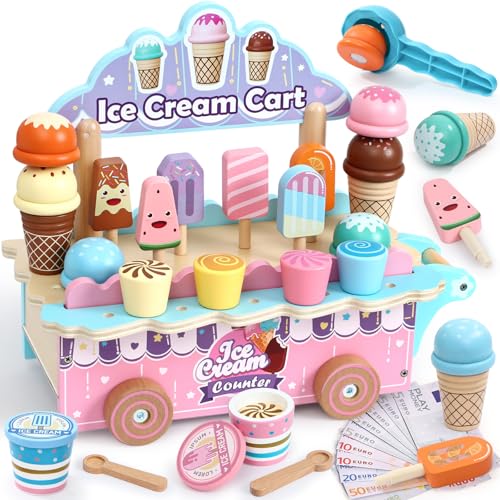 Atoylink Heladería de Madera para Niños, Juguetes de Helado Carro de Helado para Niños con Tienda de Helado Accesorios, Cocina de Juguete Cocina de Madera Juguetes de Madera, Juego de Simulación