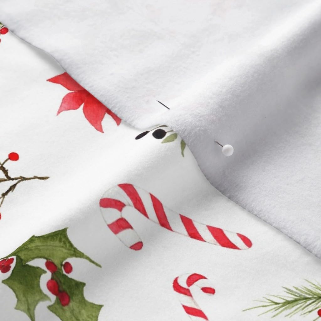 Spoonflower Fabric - Christmas Watercolor Holiday Holly Candy Canes Florals Green Printed on Polartec(R) Fleece Fabric by The Yard - Sewing Blankets Loungewear and No-Sew Projects