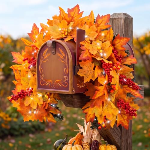 Image of Yinder Fall Mailbox Swag Decor for Outdoor Maple Leaf Wreath with Lights