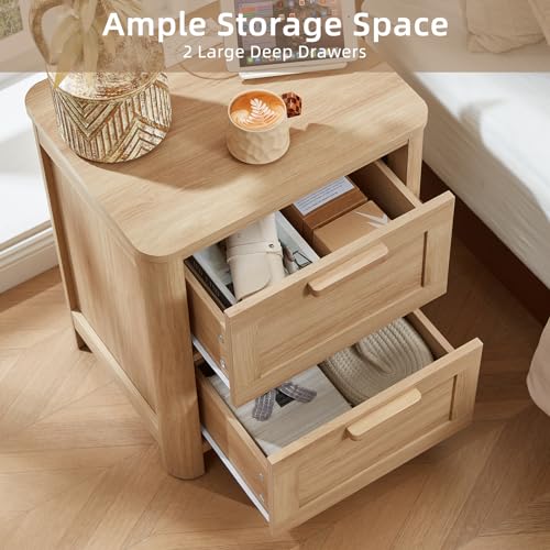 Image of Joaxswe Farmhouse Night Stand Set of 2 with Charging Station, Natural | Bedside Tables Set of 2 for Bedroom with 2 Deep Drawers & 4 Noise-Reducing Feet & Rounded Corners