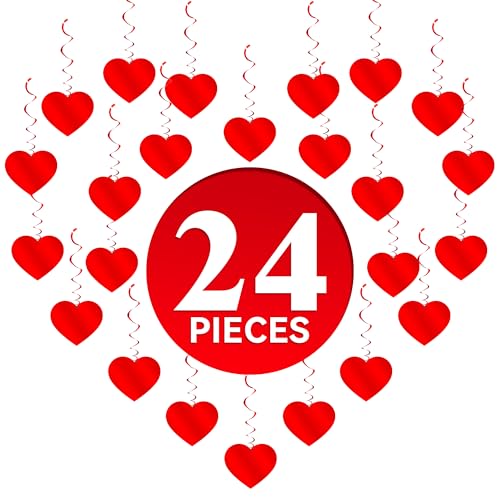Image of PartyGarden Red Hanging Heart Party Decorations - 24 Pcs Pre-Assembled Ceiling Hanging Swirls for Valentines Day, Galentines Day