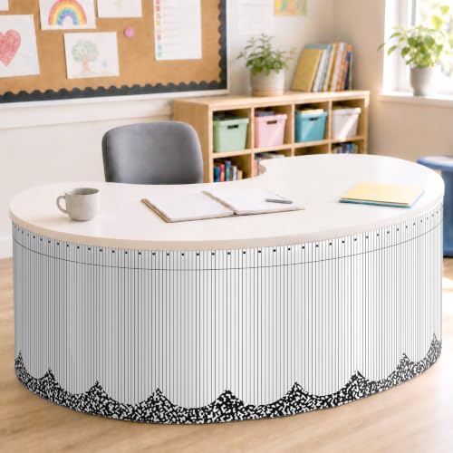 Image of 9FT Composition Notebook Table Skirt Spiral Notebook Teacher Desk Skirt for Classroom Decor Rectangle Table Cloth Black and White Desk Cover for Back to School Party Supplies Office Bookcase Cabinet