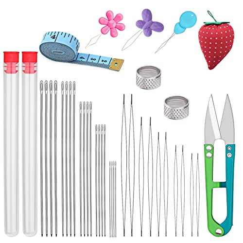 UOOU 40 Pcs Beading Needles for Jewelry Making Include 20 Pcs Long Straight Beading Needles + 10 Pcs Big Eye Beading Needles, Needles for Seed Beads Set with Yarn Scissors, Thimble, Needle Threaders