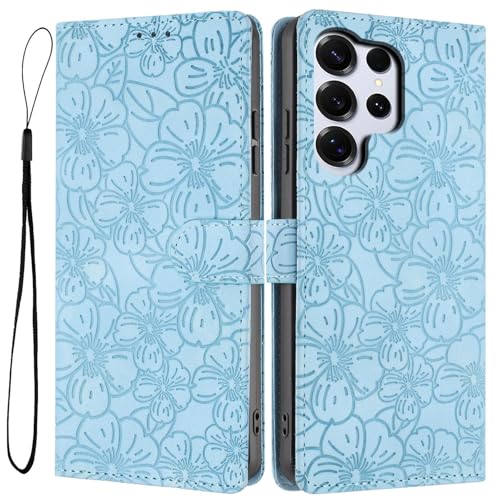 Coque Samsung S21 avec rabat magnétique et motif floral multicolore en cuir bleu