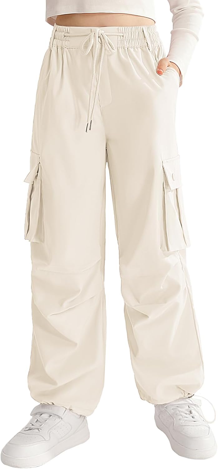 Girls Cargo Jogger Pants Parachute Pants with Elastic Waist and Pockets Cargo Trousers for Teens Girls 7-14 Years