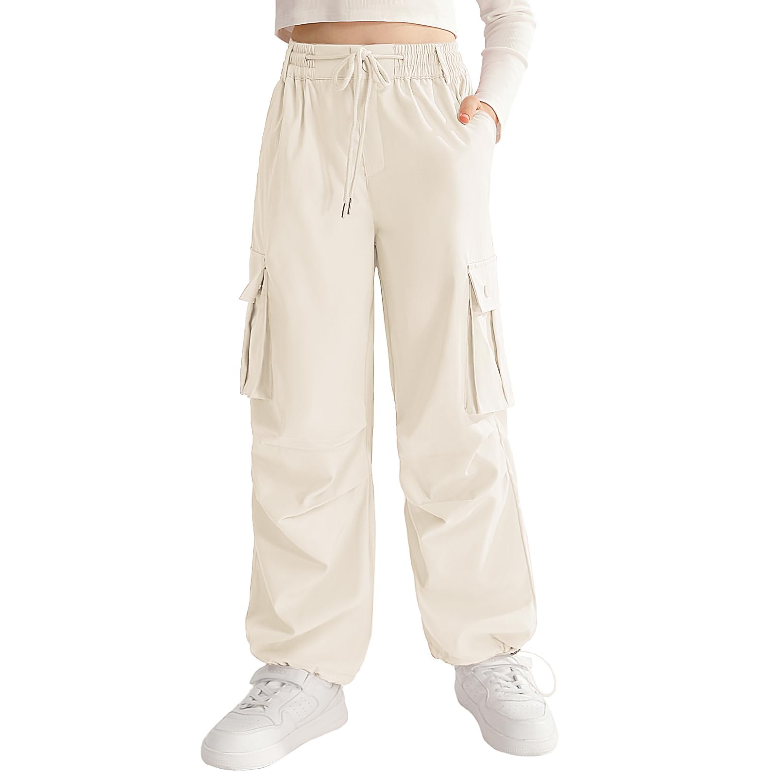 Girls Cargo Jogger Pants Parachute Pants with Elastic Waist and Pockets Cargo Trousers for Teens Girls 7-14 Years