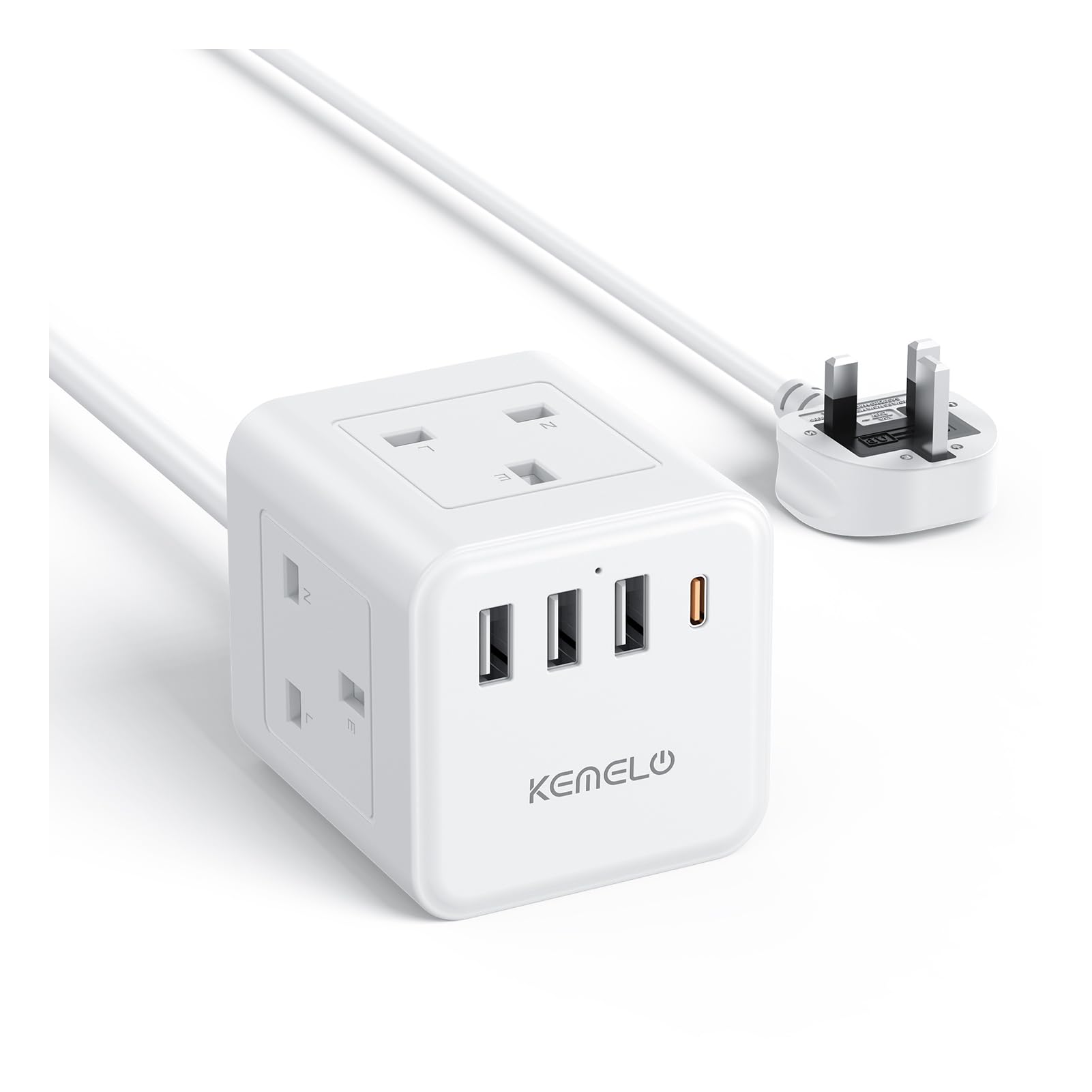 Cube Extension Lead with 4 USB Slots, Kemelo 4 Way (13A/3250W) Multi Plug Extension Cable with Child Safety UK Desktop Power Extension Socket,1.5M Extension Cords for Home Dorm Office Travel, Black — view 10