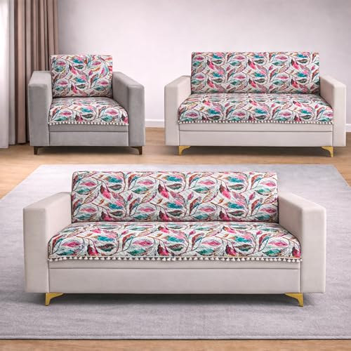 Image of Homerz Premium Printed Quilted Velvet Sofa Slip Cover Protector with Tassels, Sofa Mat, Exact Size, Antislip Cover (Multileaf, 6 (3+2+1) Seater, Full)