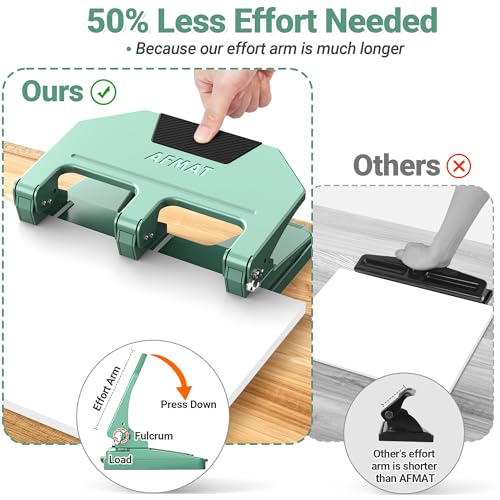 Image of AFMAT 3 Hole Punch, 9 /32 inch Holes, 40-Sheet 3 Hole Puncher for Binder, 50% Reduced Effort, Metal Heavy Duty Three Hole Punch w / 10,000+ Uses, Bulit-in S.S. Paper Guide, Large Chip Tray, Green, HPX3