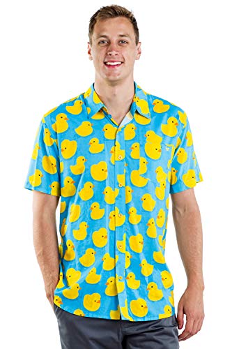 Tipsy Elves Men's Blue Rubber Ducky Hawaiian Button Down Shirt Size Medium #TOP2