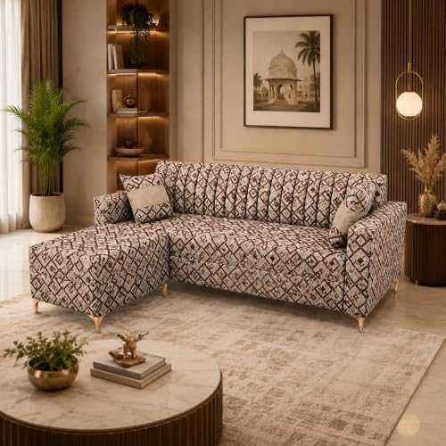 Image of FURNY Signature Regalia 4-Seater L-Shape Sofa Set with Movable Ottoman | Flexible LHS /RHS Layout | Tapestry Fabric | 40D Foam + Zigzag Spring | 3-Yr Warranty (Sienna Mosaic Brown)
