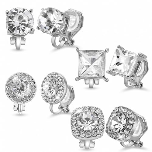 4 pares aretes clip on sin perforar con zirconia cúbica