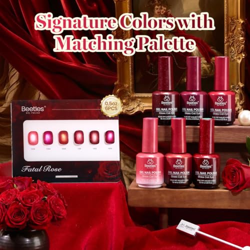 Image of Beetles Red Cat Eye Gel Nail Polish Set - Fatal Rose 6 Colors 15ML Full Size Glitter Red Gel Polish Kit Glass Cat Eye Magnetic Effect Soak Off UV Nail Art DIY Salon at Home Gift for Women