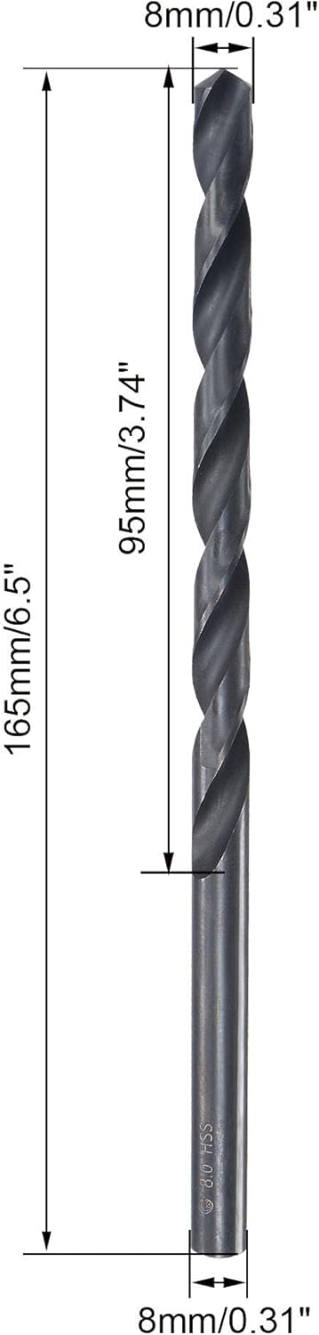 sourcing map High Speed Steel Lengthen Straight Shank Twist Drill Bit Fully Ground Black Oxide 8mm Drill Diameter 165mm Total Length 95mm Drill Bit Length - Image 3