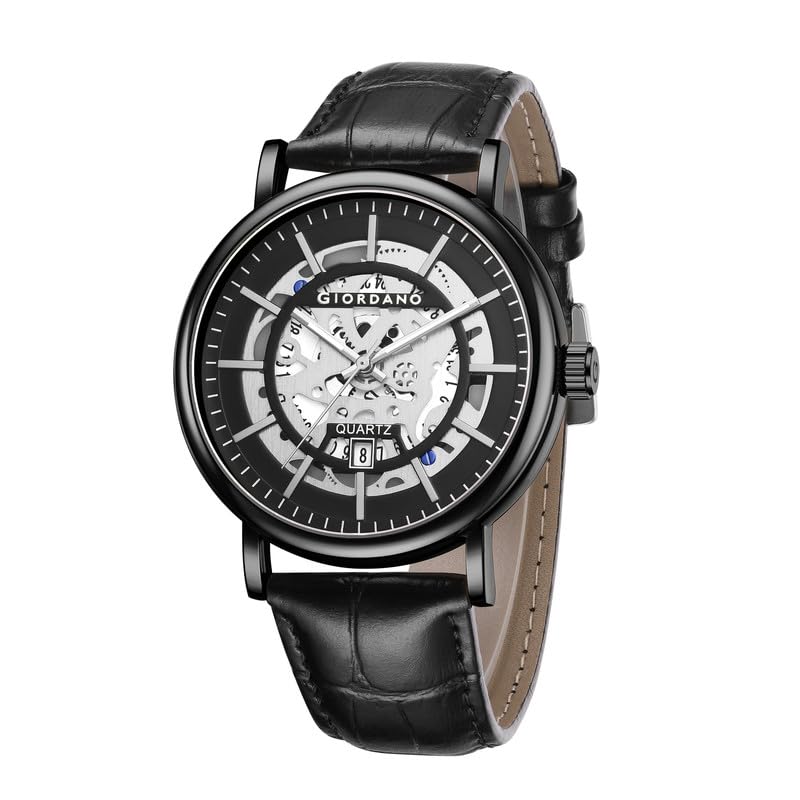 Image of Giordano Analog Quartz Watch for Men with Skeleton Round Dial, Date Function, Luminous Hands and Markers, Leather & Stainless Steel Strap - GZ-50182
