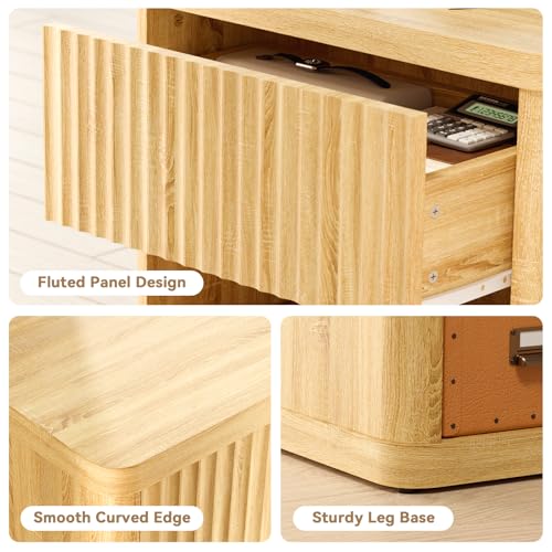 Image of Fluted Night Stand Set 2, Large Wood Bedside Table Set of 2 with Drawer and Storage Shelf for Bedroom, Small Spaces