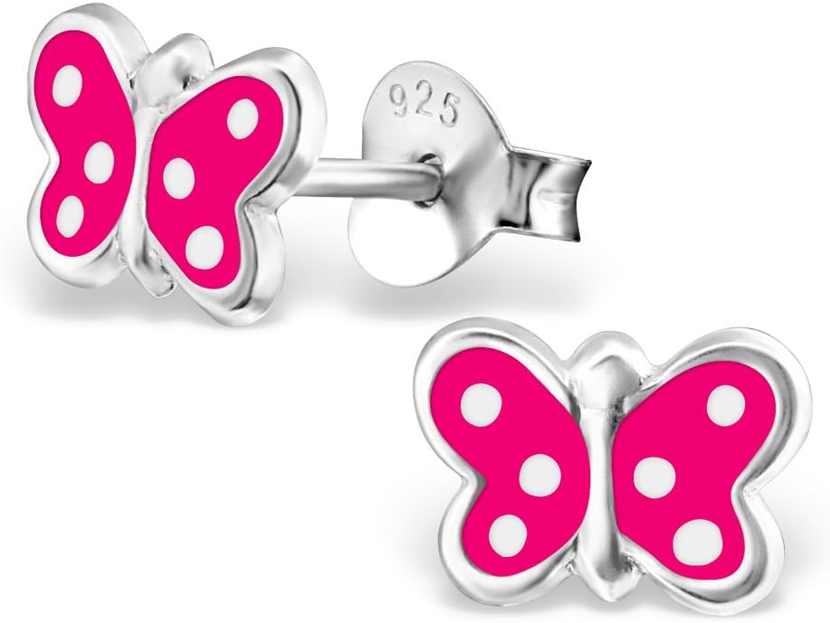 925 Sterling Silver Set of 6 Pairs Watermelon Slice, Panda, Blue Owl, Pink Butterfly, Rainbow Flower, red Ladybug Stud Earrings (Nickel Free)