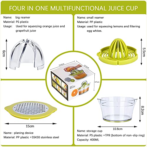 4 In 1 Multi-Function Manual Juicer, Handheld Fruit Squeezer For Citrus Lemon Orange Grapefruit Juicer,Kitchen Aid Juicer With Egg Separator,2 Anti-Slip Reamers, Strainer, Grater And Measuring Cup #TOP4