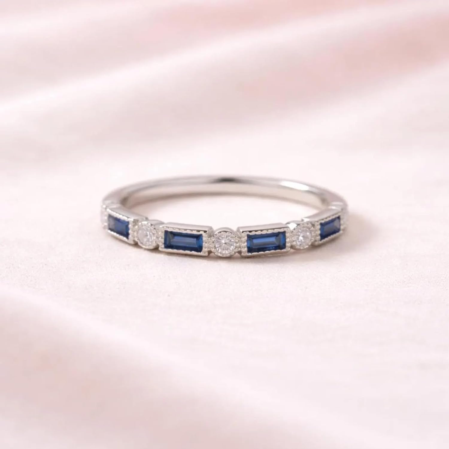 Blue Sapphire & CZ Diamond Engagement Band Ring for Women Baguette Cut Sapphire Wedding Band 14K White Gold Anniversary September Birthstone Fine Jewelry GiftFor Her