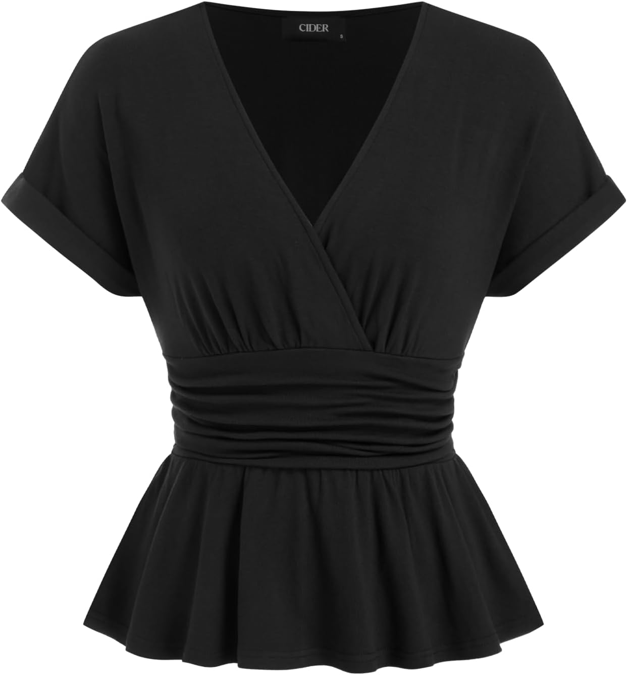 CIDER Womens Business Casual Tops Ruffle Deep V Neck Dressy Short Sleeves Wrap Top Ruched Summer Trendy Outfit