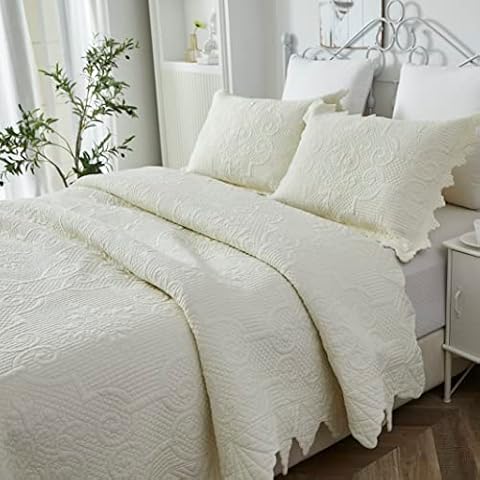 Brandream King Size Quilt Set Cotton Cream Yellow White Luxury Matelasse Coverlet Scalloped Edge Quilts 3 Piece Cover