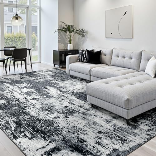 Washable Area Rugs 9'x12' Non-Slip Modern Abstract Soft for Living Room Entryway Bedroom Nursery, Print Pattern, Black Gray