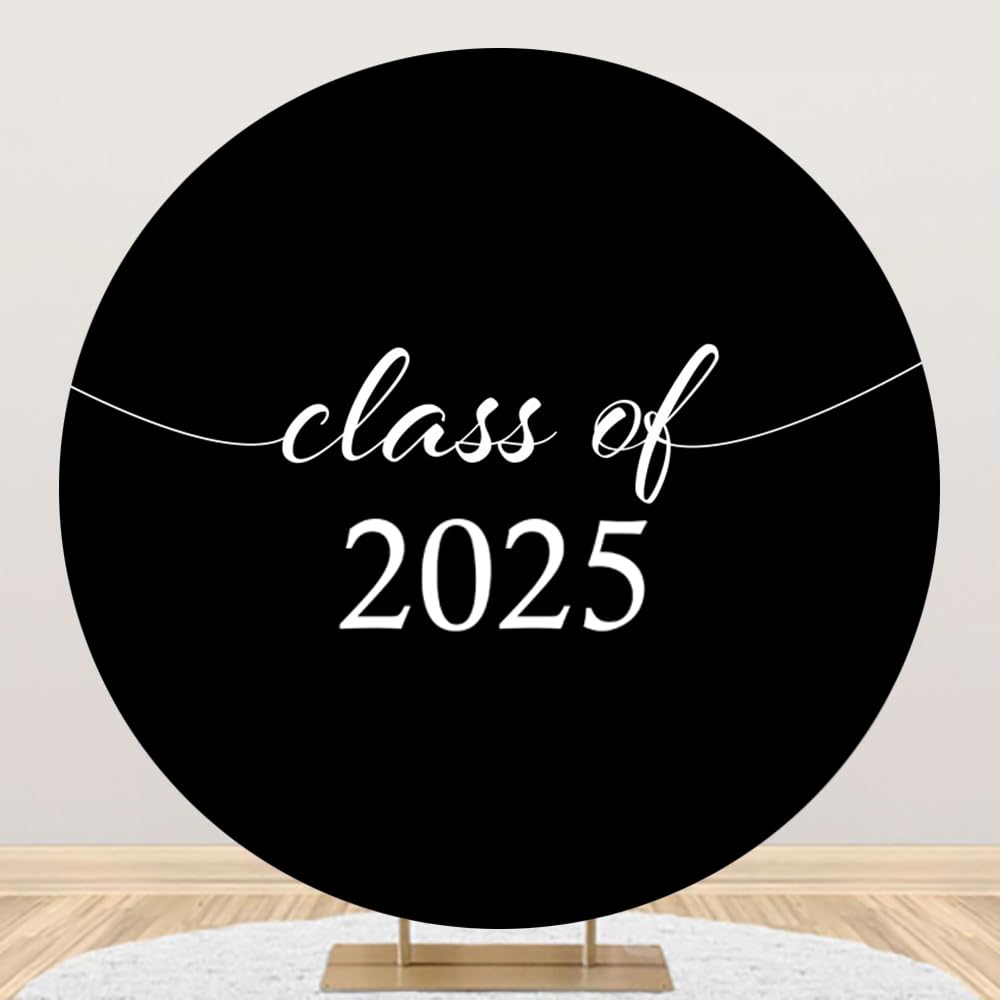 DORCEV Diameter 7.5ft Graduation Party Round Backdrop Cover Black Plain Color Class of 2025 Congratulations Grad Photography Background for Students