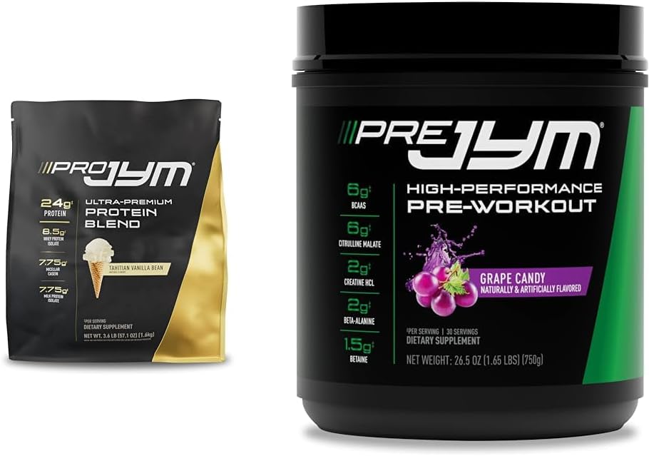 PRO JYM 45 Servings – Tahitian Vanilla Bean & Pre JYM Grape Candy Pre Workout Powder – BCAAs, Nootropics, Creatine HCI, Citrulline, Beta-Alanine