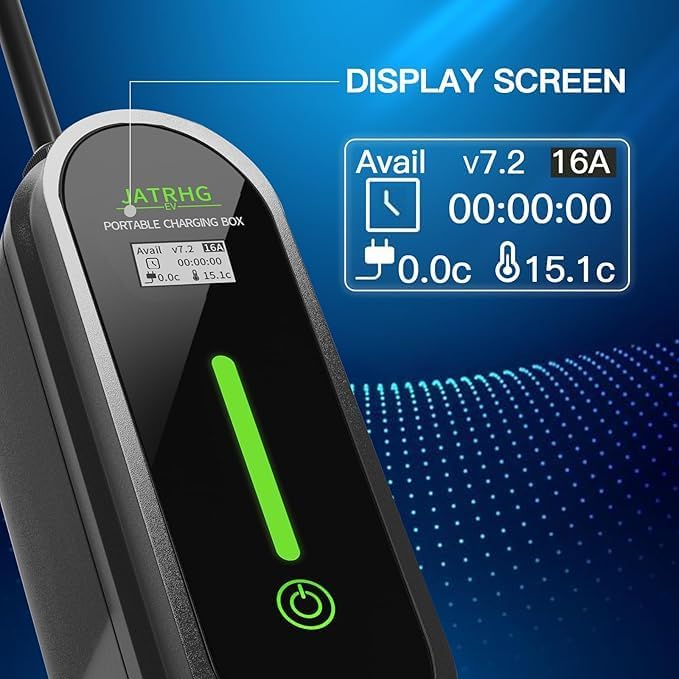 Close-up of the charger's LED display showing charging status, current, voltage, and temperature.