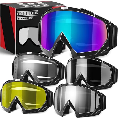 Motorcycle Goggles, 5 Pack Dirt Bike Goggles ATV Offroad Riding Motocross Protective UTV Helmet Glasses for Adults Youth Kids (Grey+Yellow+Clear+Color +Silver)