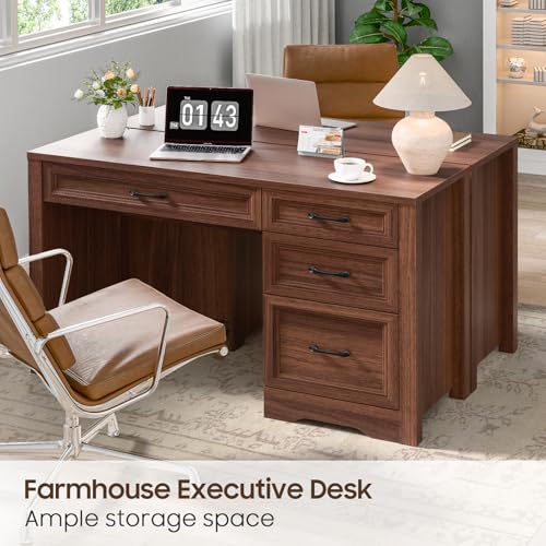 Image of Vabches Farmhouse Executive Desk with Storage and Ample File Drawer, Rustic Large Home Writing Desk for Bedroom, Walnut