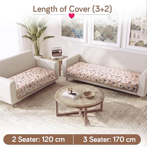 Image of HOKIPO 'Homehues Series' Printed Quilted Sofa Cover 3 Seater and 2 Seater Set - 5 Seater Sofa Cover Mat, Light Peach Candytuft (IN-807 + IN-809 - D6)