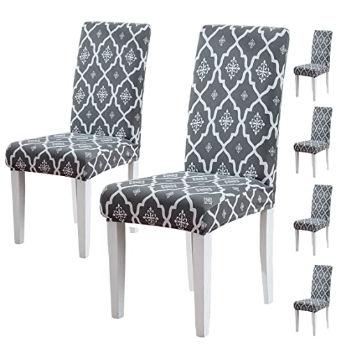 Image of House of Quirk Elastic Chair Cover Stretch Removable Washable Short Dining Chair Cover Protector Seat Slipcover (Pack of 6, Jaipur Grey) ,Polyester