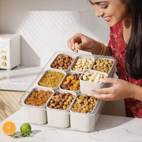 Image of DecorTwist 9 Compartment Fridge Organizer Box with Lid | Fruit & Vegetable Storage Container | BPA Free Serving Tray for Snacks, Dry Fruits, Nuts | Airtight | Food Grade Plastic (Pack of 2)