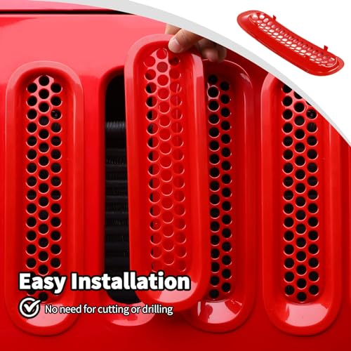 Image of JWWY Front Grille Insert Radiator Grille Grillwork Surround Assembly Inserts Headlight Headlamp Cover Trim Set Fit for 2007-2017 Jeep Wrangler JK JKU Exterior Accessories 9pcs Red