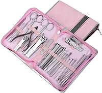 Kit Manicure e Pedicure com 26 Pçs - Alicate de Unha, Palito, Desencravador, Tesourinha, Espátula - Matetrial Durável em Aço Inox - Para Cuidados Pessoais com as Mãos Pés e Rosto, e Presente Criativo Unissex (Rosa)