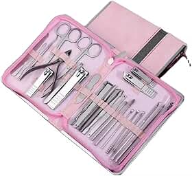 Kit Manicure e Pedicure com 26 Pçs - Alicate de Unha, Palito, Desencravador, Tesourinha, Espátula - Matetrial Durável em Aço Inox - Para Cuidados Pessoais com as Mãos Pés e Rosto, e Presente Criativo Unissex (Rosa)
