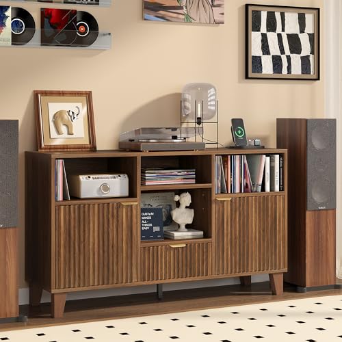 Image of knoworld Large Round Record Player Stand with Vinyl Record Storage & Charging Station, Modern Turntable Cabinet with Power Outlet and USB Ports for Living Room and Bedroom (Walnut)